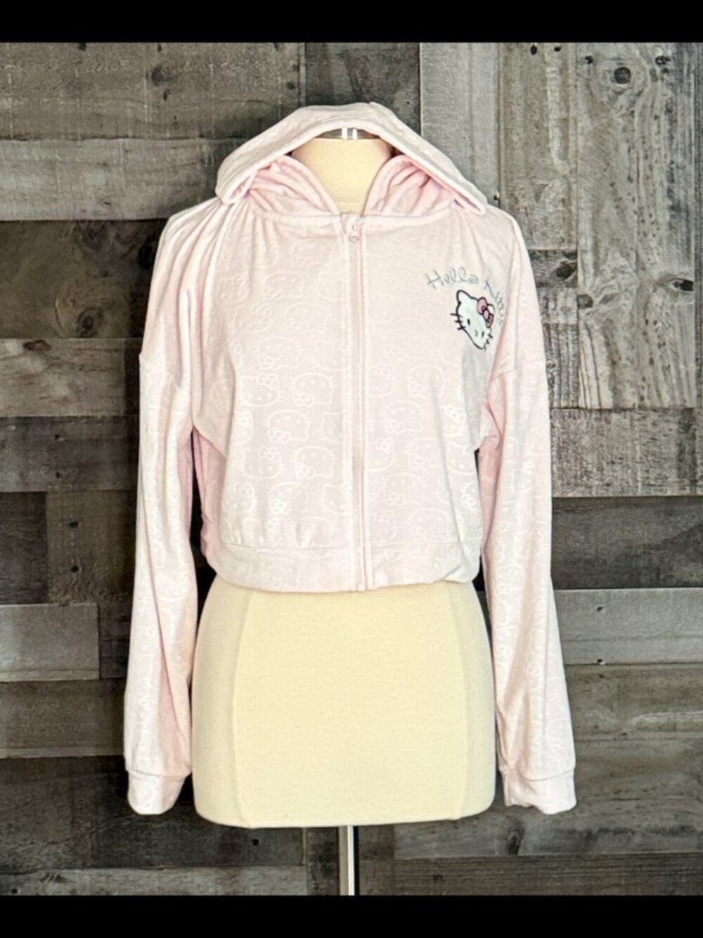 Hello Kitty pink fleece cropped zip up hoodie jacket medium softgirl feminine